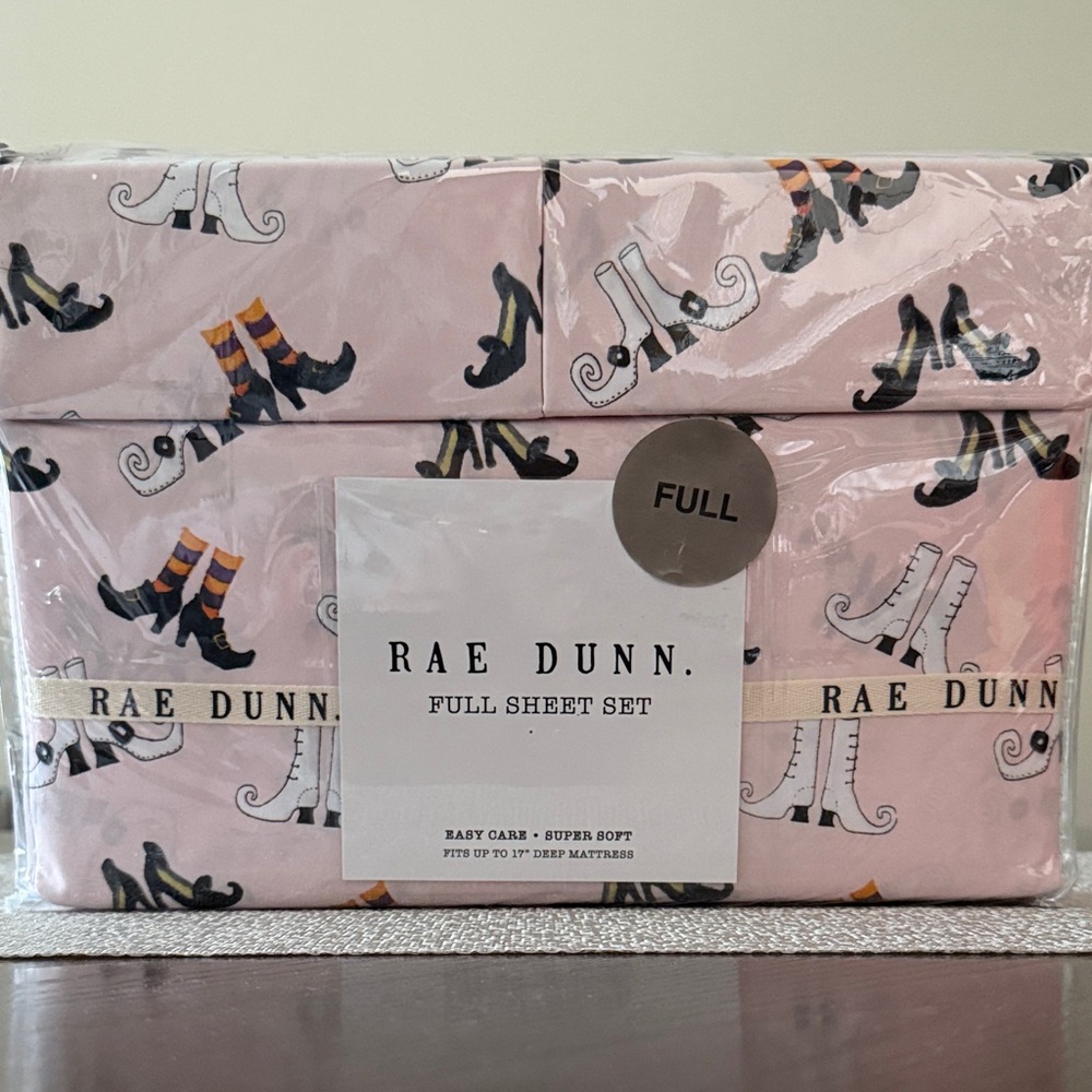 New Rae Dunn Pink Full Sheet Set with witch shoes Boot Design